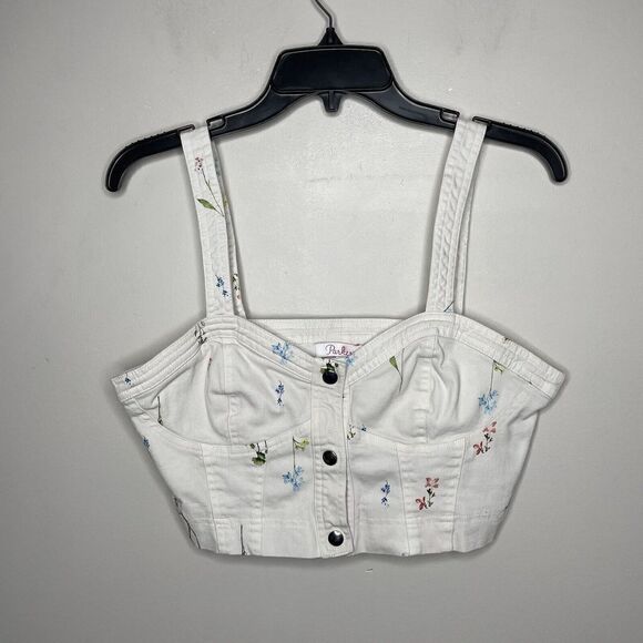 PARKER Womens Ivory Floral Denim Bustier Snap-Front Crop Top EUC Ivan Sz Large L - Picture 1 of 10